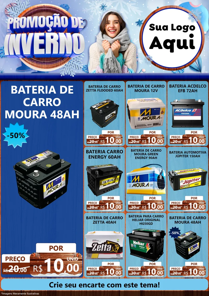Modelo de Encarte para Encarte A4 Vertical com o tema Promoção de Inverno para Baterias Elétricas
