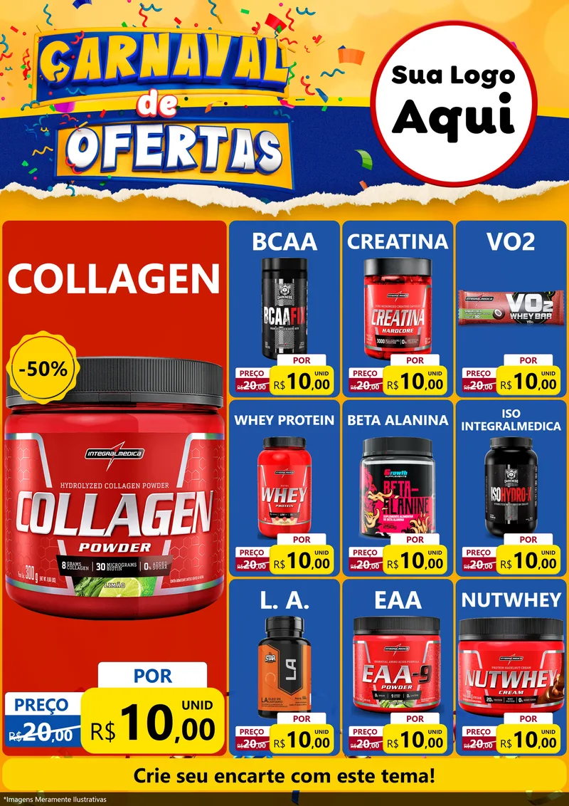 Modelo de Encarte para Encarte A4 Vertical com o tema Carnaval de Ofertas para Suplementos alimentares