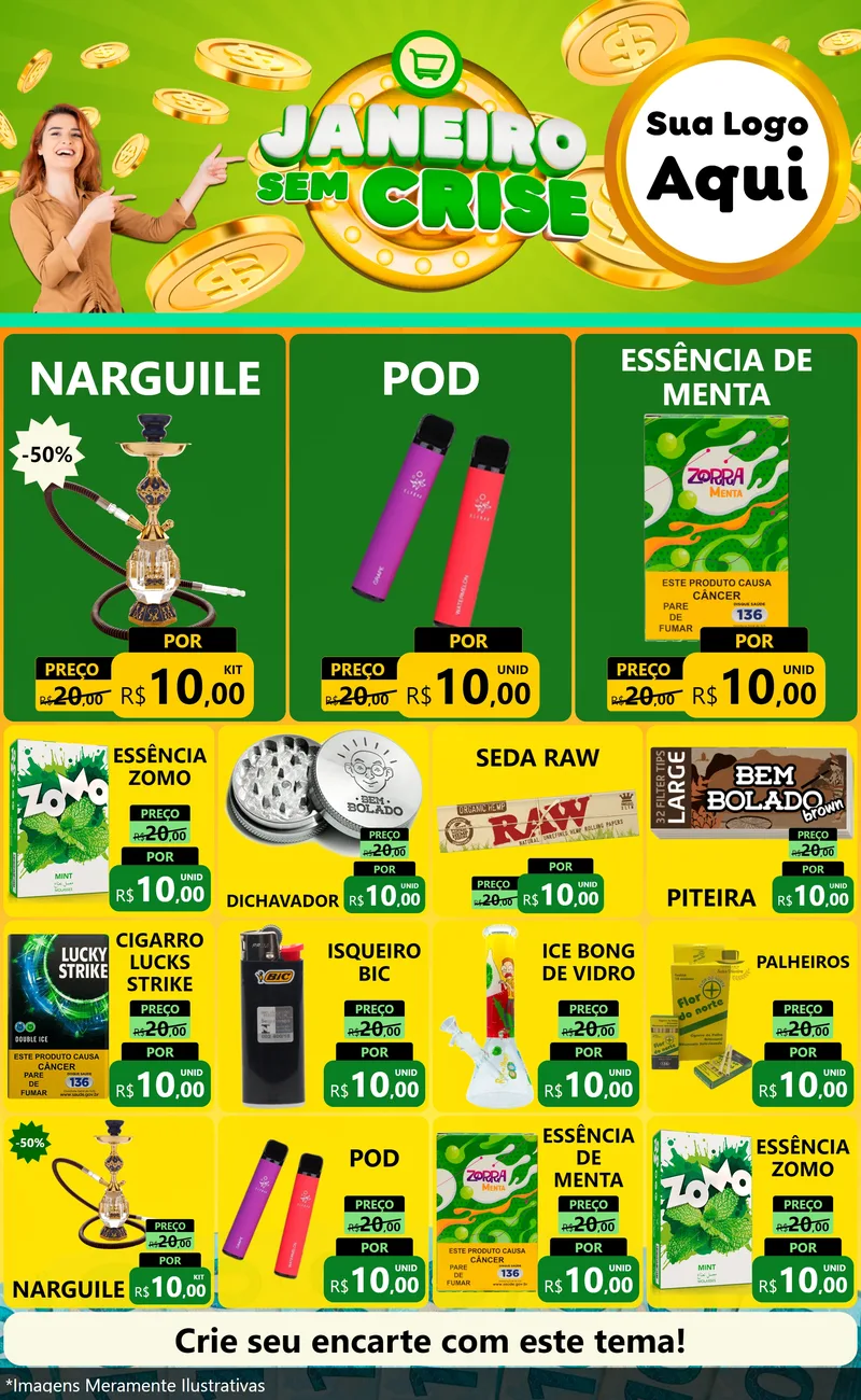 Modelo de Encarte para Encarte Grande com o tema Janeiro Sem Crise para Tabacaria