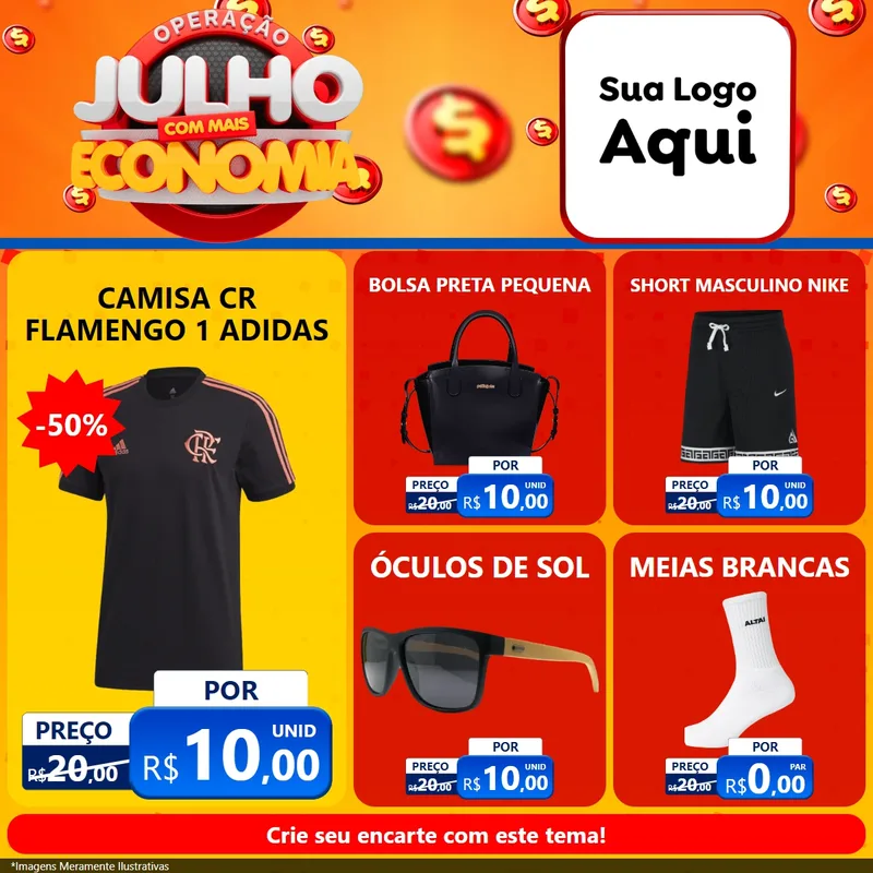 Modelo de Rede Social para Feed Facebook com o tema Operação Julho Com Mais Economia para Roupas e acessórios