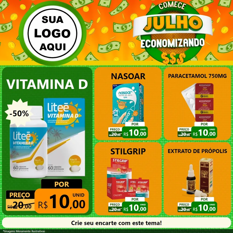Modelo de Rede Social para Feed Facebook com o tema Comece Julho Economizando para Farmácia