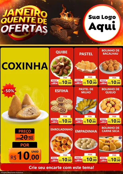 Modelo de Encarte para Encarte A4 Vertical com o tema Janeiro Quente de Ofertas para Salgadaria