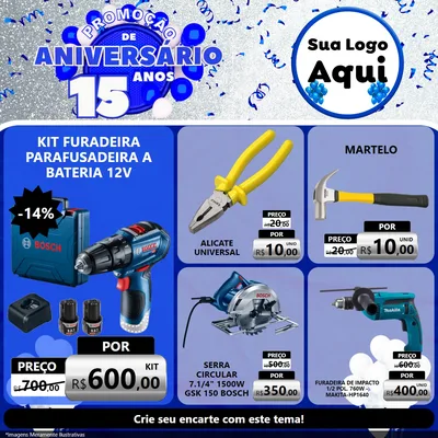 Modelo de Rede Social para Feed Facebook com o tema Promoção de Aniversário - 15 Anos para Maquinas e Ferramentas