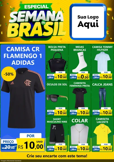 Modelo de Encarte para Encarte A4 Vertical com o tema Especial Semana do Brasil para Roupas e acessórios