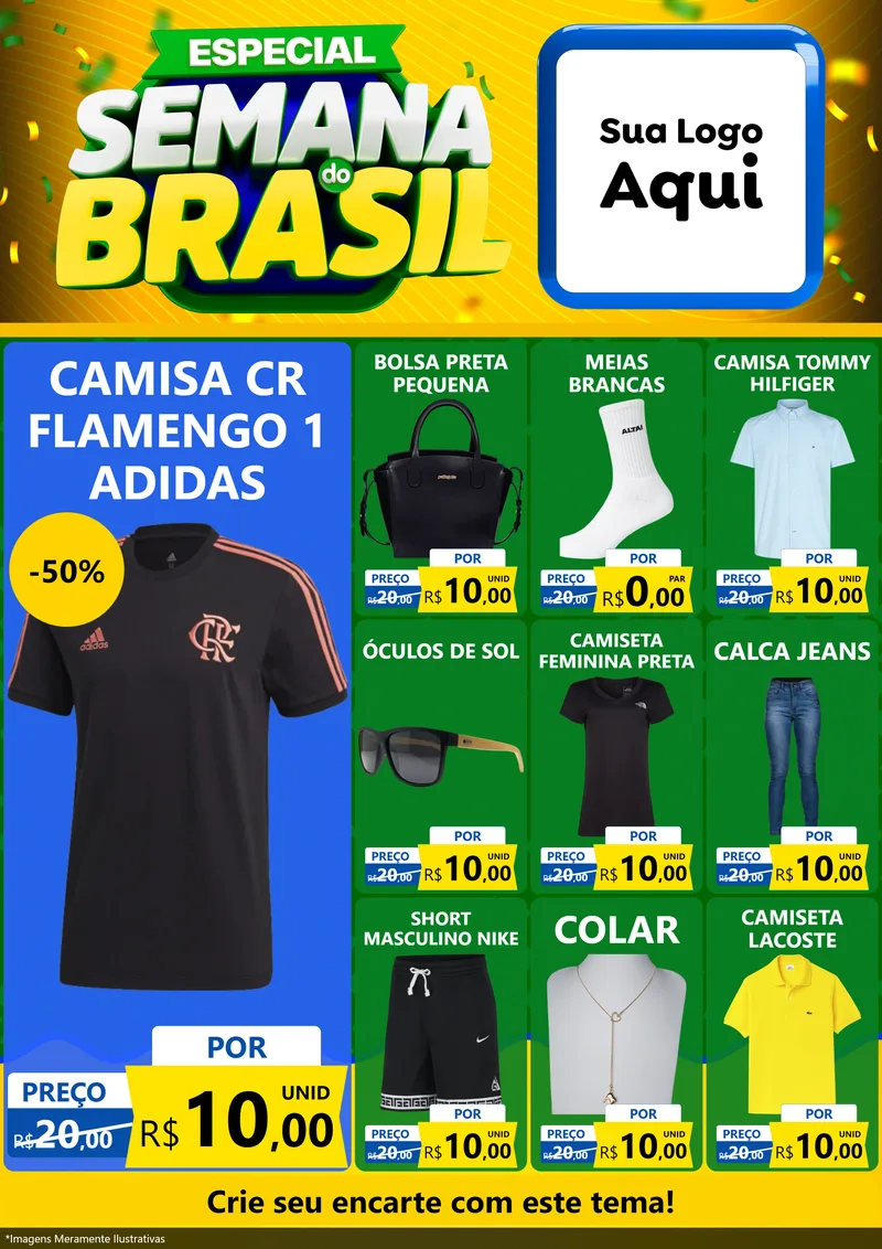Modelo de Encarte para Encarte A4 Vertical com o tema Especial Semana do Brasil para Roupas e acessórios
