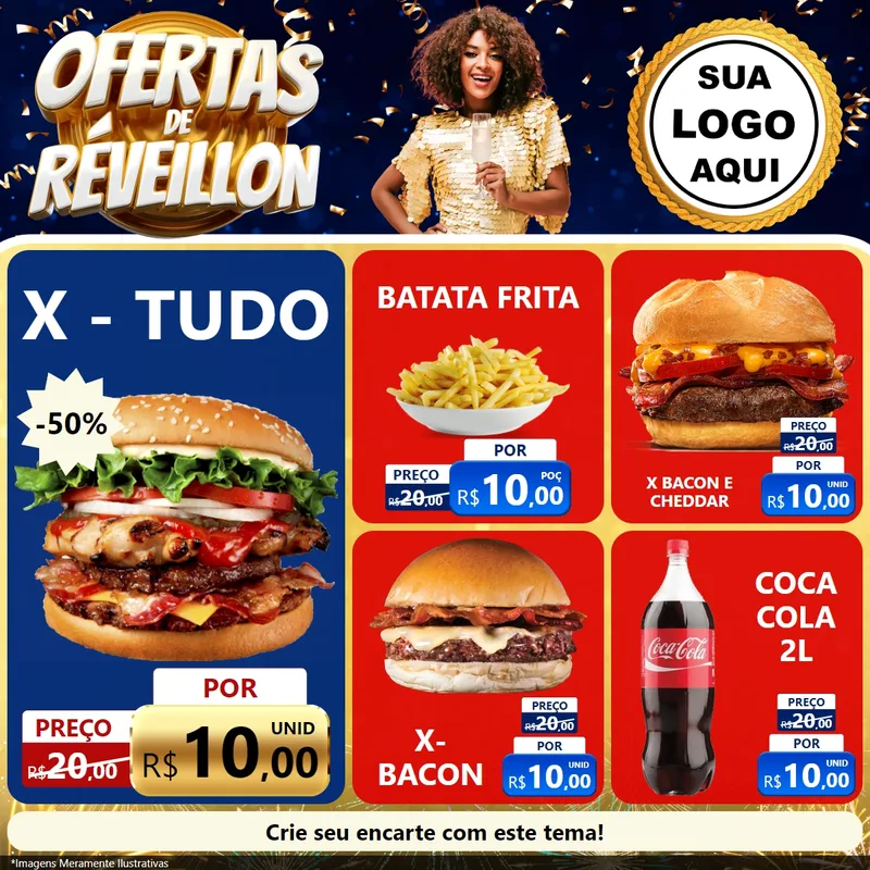 Modelo de Rede Social para Feed Facebook com o tema Ofertas de Réveillon para Hamburgueria