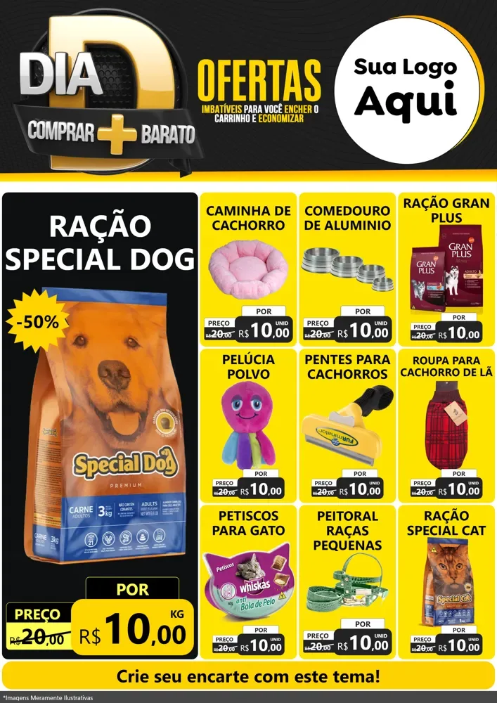 Modelo de Encarte para Encarte A4 Vertical com o tema Dia D Mais Economia para Pet Shop