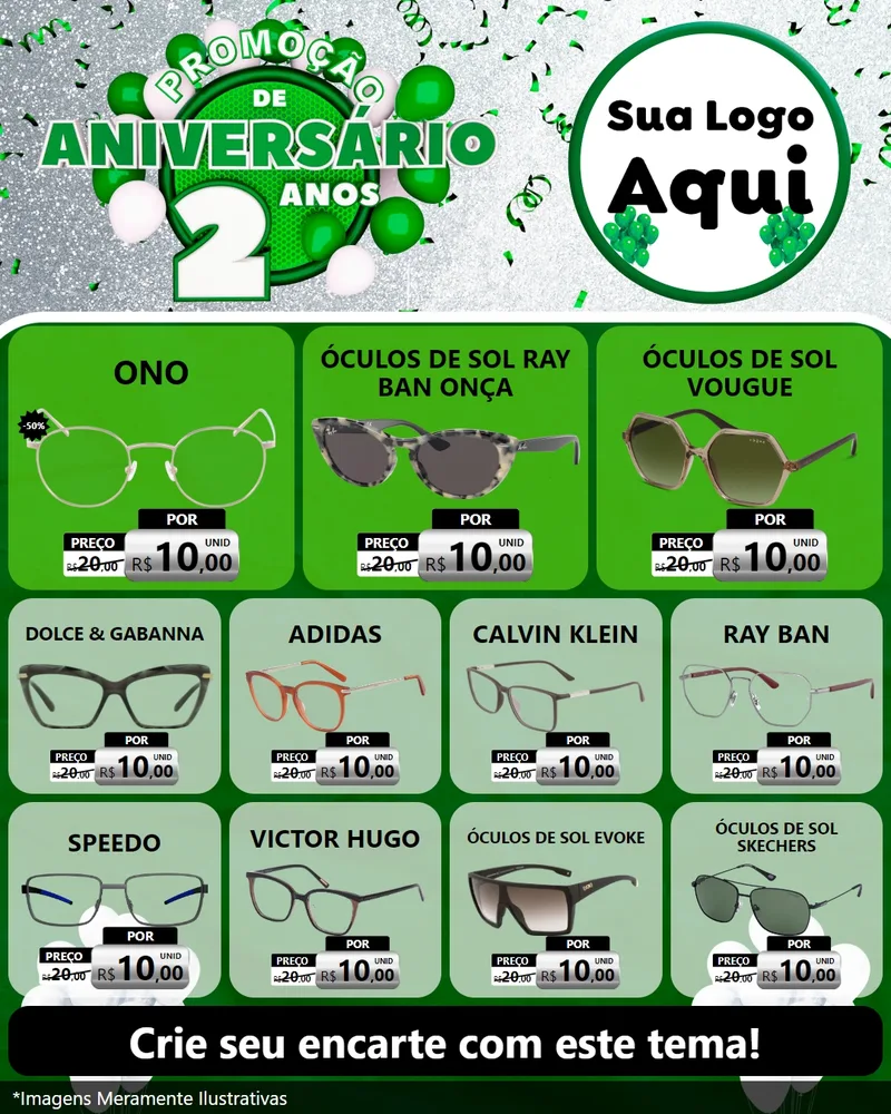 Modelo de Rede Social para Feed Instagram com o tema Promoção de Aniversário - 2 Anos para Óticas