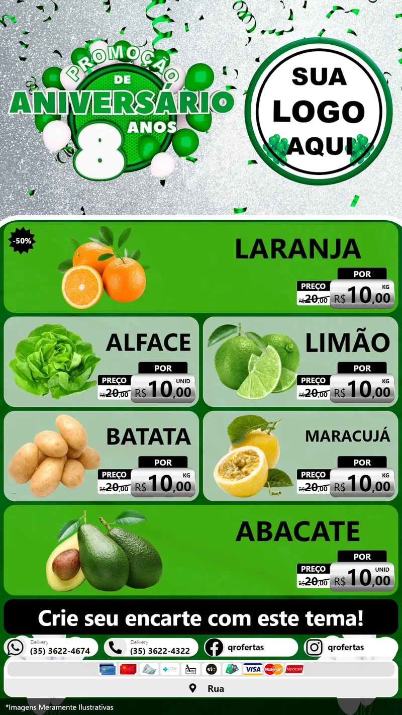 Modelo de TV para TV Vertical com o tema Promoção de Aniversário - 8 Anos para Hortifrúti