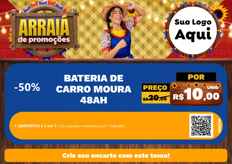 Modelo de Cartaz para Cartaz A4 Horizontal com o tema Arraiá de Promoções para Baterias Elétricas