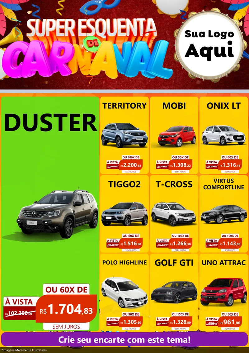Modelo de Encarte para Encarte A4 Vertical com o tema Super Esquenta de Carnaval para Concessionaria de Carros