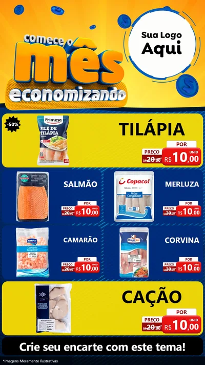 Modelo de TV para TV Vertical com o tema Comece O Mês Economizando para Peixaria