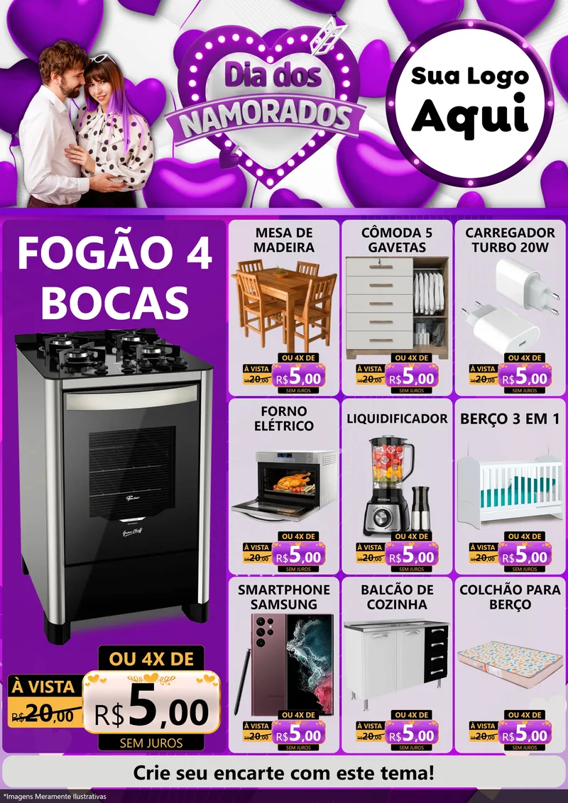 Modelo de Encarte para Encarte A4 Vertical com o tema Dia dos Namorados para Móveis e Eletro