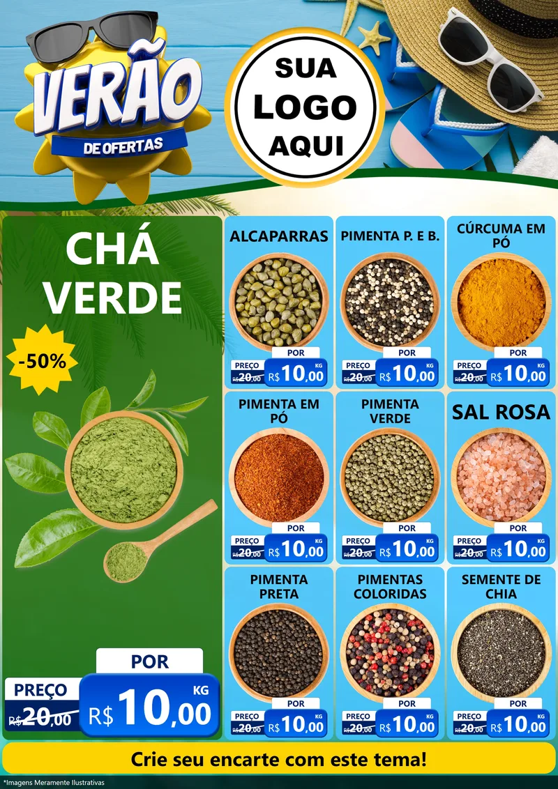 Modelo de Encarte para Encarte A4 Vertical com o tema Verão de Ofertas para Produtos Naturais
