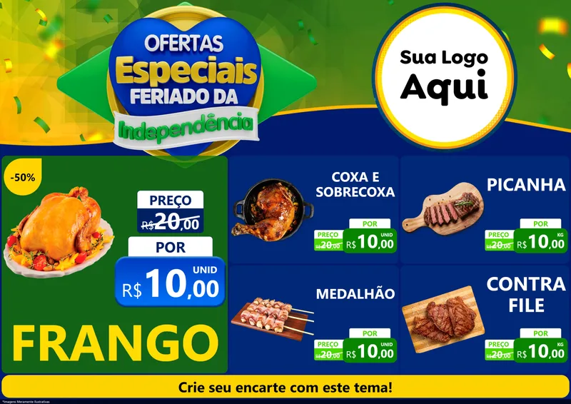 Modelo de Encarte para Encarte A4 Horizontal com o tema Ofertas Especiais Feriado da Independência para Assados