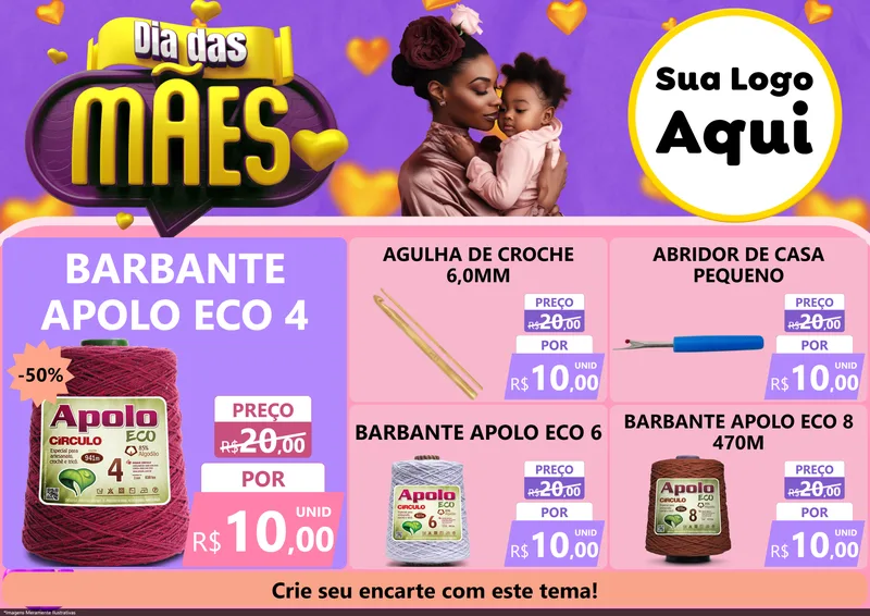 Modelo de Encarte para Encarte A4 Horizontal com o tema Dia das Mães para Armarinho e Aviamentos