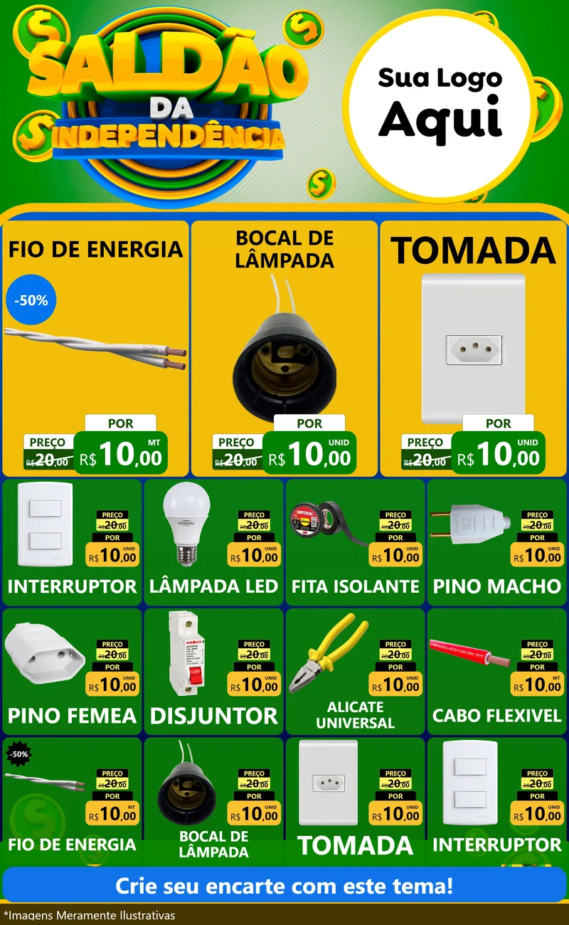 Modelo de Encarte para Encarte Grande com o tema Saldão da Indepêndencia para Materiais Elétricos