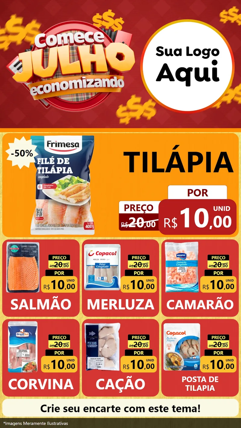 Modelo de Rede Social para Stories com o tema Comece Julho Economizando para Peixaria