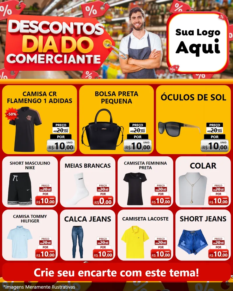 Modelo de Rede Social para Feed Instagram com o tema Descontos Dia do Comerciante para Roupas e acessórios