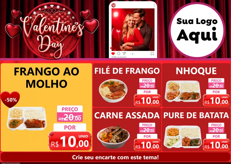 Modelo de Encarte para Encarte A4 Horizontal com o tema Valentine's Day para Restaurante