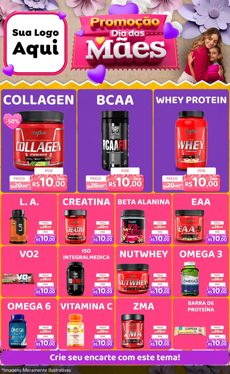 Modelo de Encarte para Encarte Grande com o tema Promoção Dia das Mães para Suplementos alimentares