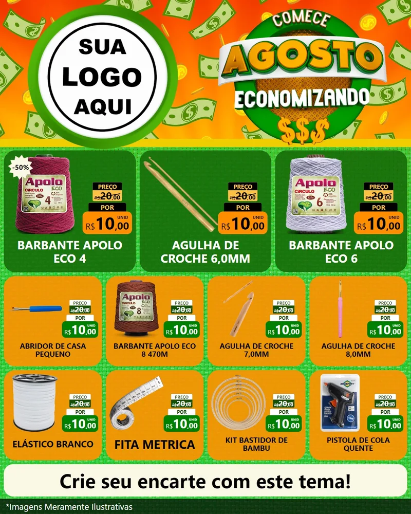Modelo de Rede Social para Feed Instagram com o tema Comece Agosto Economizando para Armarinho e Aviamentos