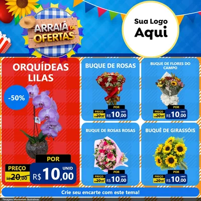 Modelo de Rede Social para Feed Facebook com o tema Arraiá de Ofertas para Floricultura e jardim