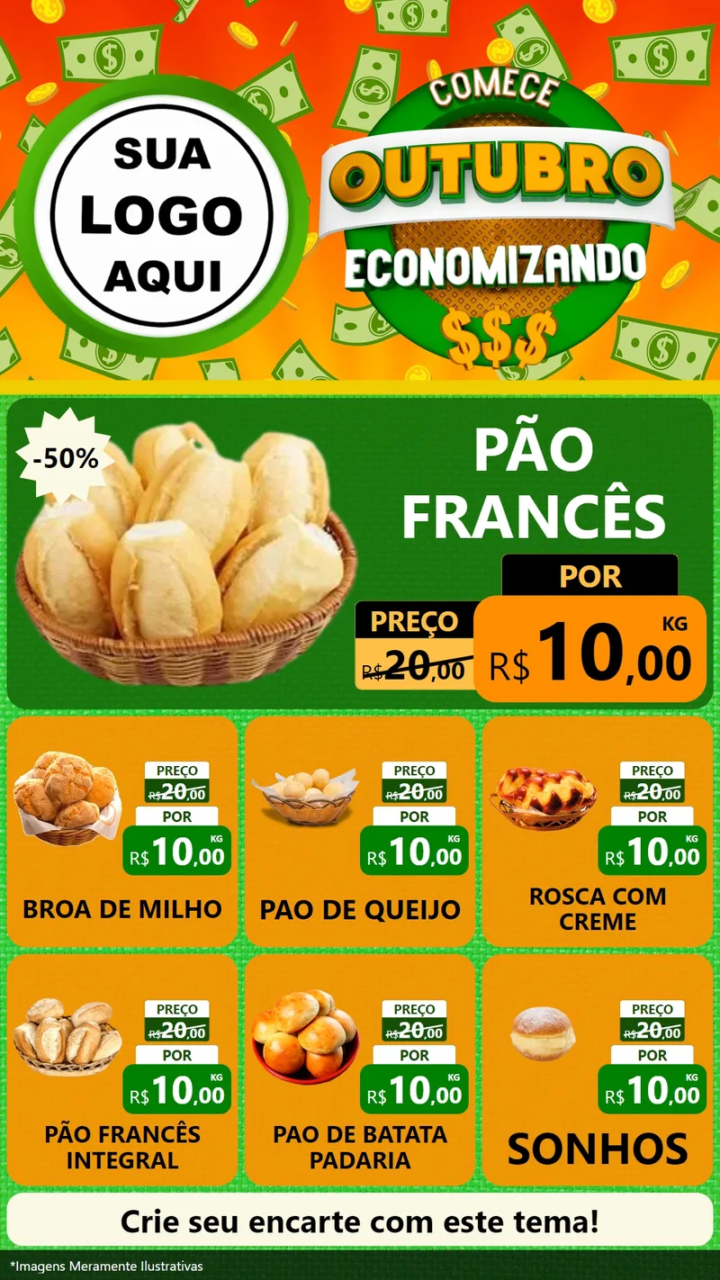 Modelo de Rede Social para Stories com o tema Comece Outubro Economizando para Padaria