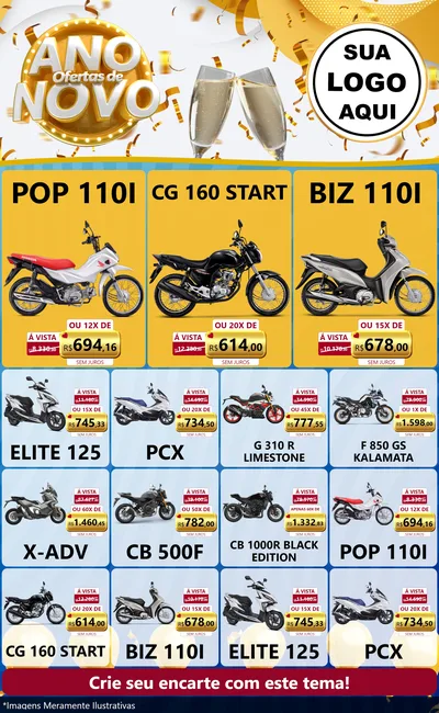 Modelo de Encarte para Encarte Grande com o tema Ofertas de Ano Novo para Concessionaria de Motos