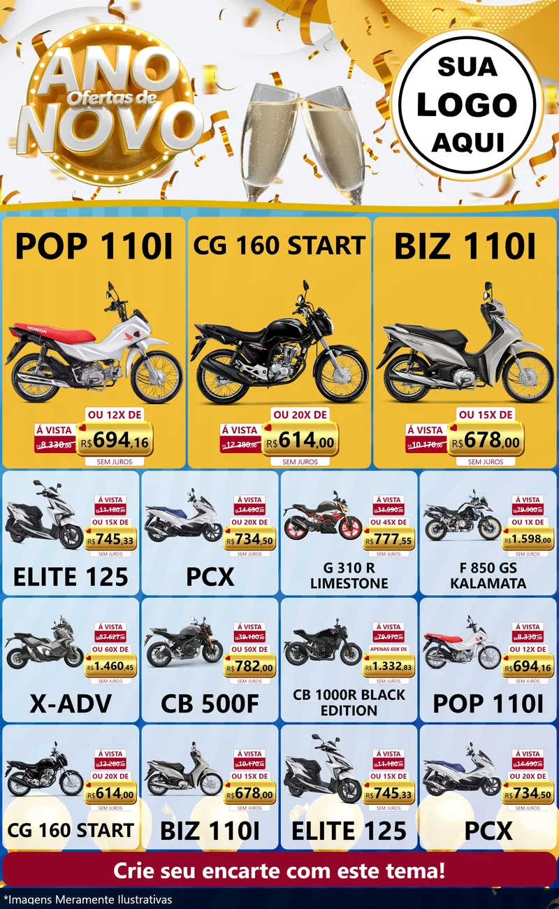 Modelo de Encarte para Encarte Grande com o tema Ofertas de Ano Novo para Concessionaria de Motos