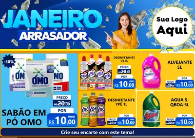 Modelo de Encarte para Encarte A4 Horizontal com o tema Janeiro Arrasador para Produtos de Limpeza