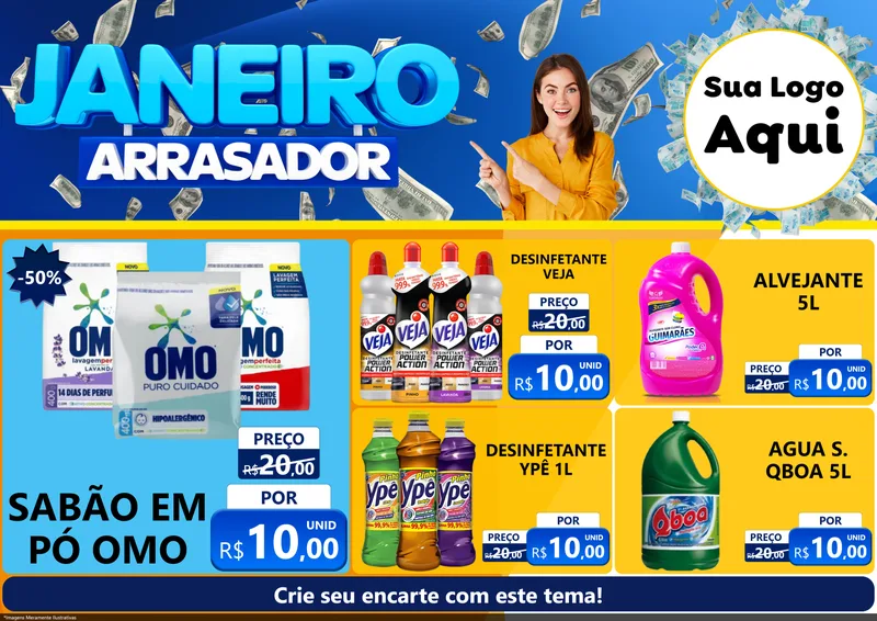 Modelo de Encarte para Encarte A4 Horizontal com o tema Janeiro Arrasador para Produtos de Limpeza
