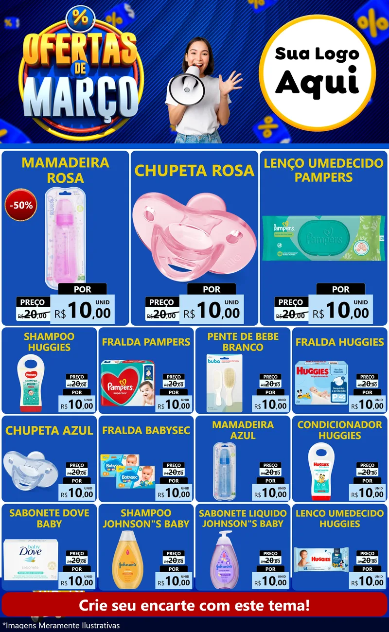 Modelo de Encarte para Encarte Grande com o tema Ofertas de Março para Bebês
