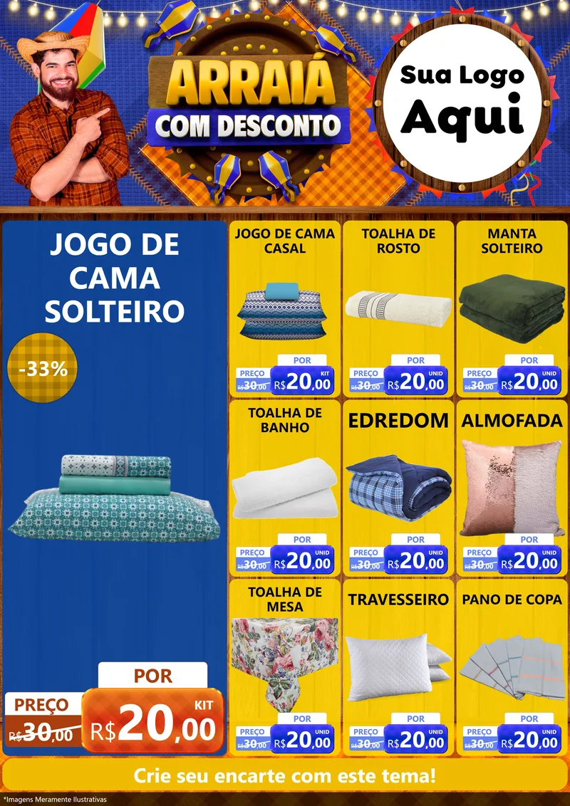 Modelo de Encarte para Encarte A4 Vertical com o tema Arraiá Com Desconto para Cama, Mesa e Banho