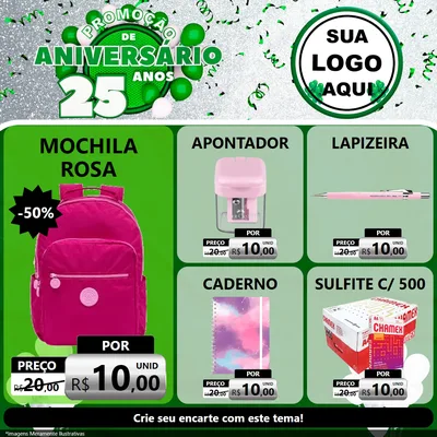 Modelo de Rede Social para Feed Facebook com o tema Promoção de Aniversário - 25 Anos para Papelaria