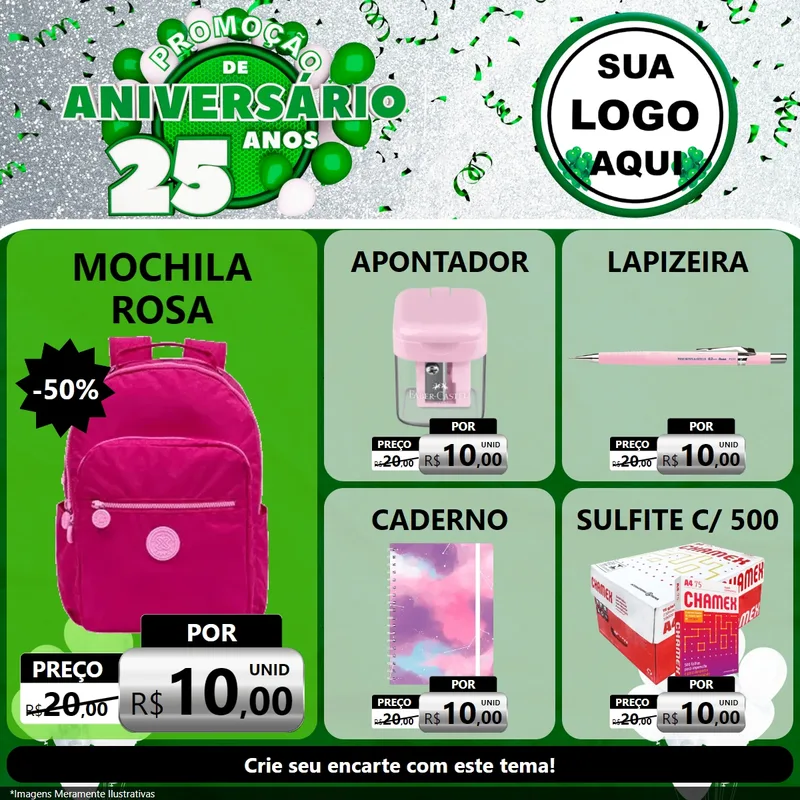 Modelo de Rede Social para Feed Facebook com o tema Promoção de Aniversário - 25 Anos para Papelaria
