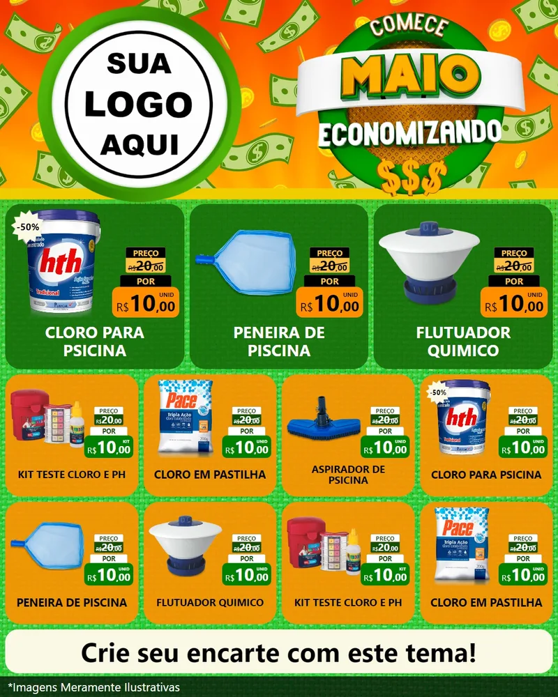 Modelo de Rede Social para Feed Instagram com o tema Comece Maio Economizando para Produtos para Piscina