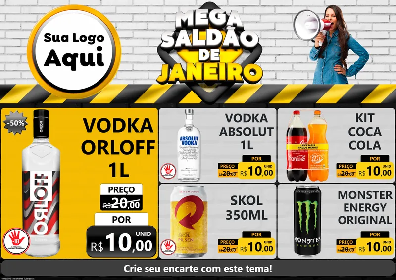 Modelo de Encarte para Encarte A4 Horizontal com o tema Mega Saldão de Janeiro para Distribuidora de bebidas