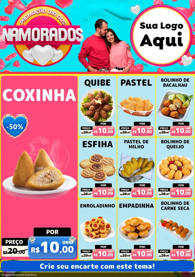 Modelo de Encarte para Encarte A4 Vertical com o tema Promoção Dia dos Namorados para Salgadaria