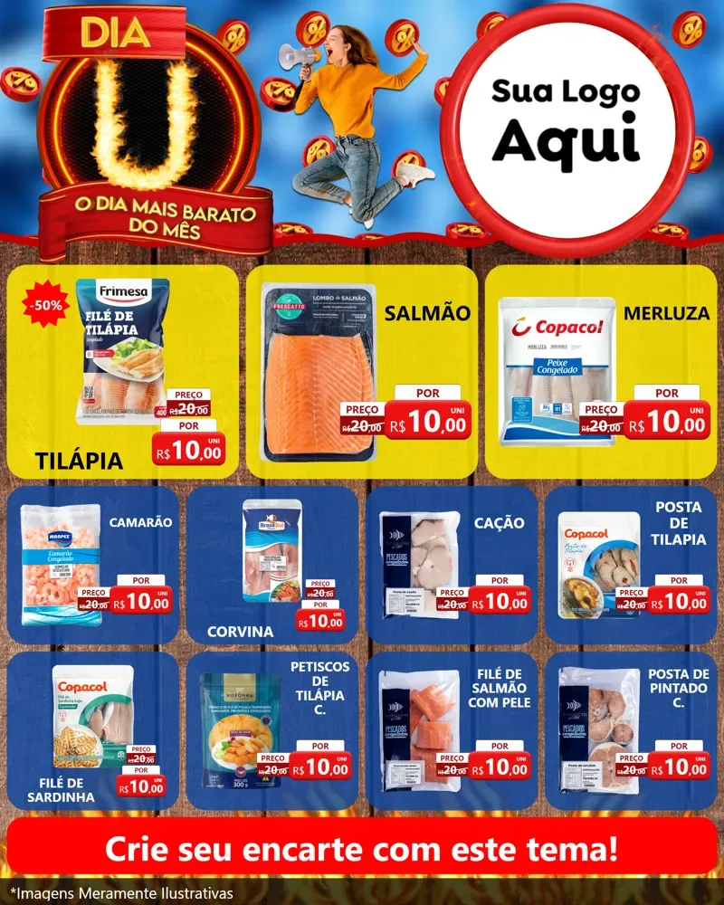 Modelo de Rede Social para Feed Instagram com o tema Dia U - O Dia Mais Barato Do Mês para Peixaria