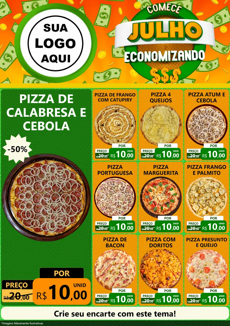 Modelo de Encarte para Encarte A4 Vertical com o tema Comece Julho Economizando para Pizzaria