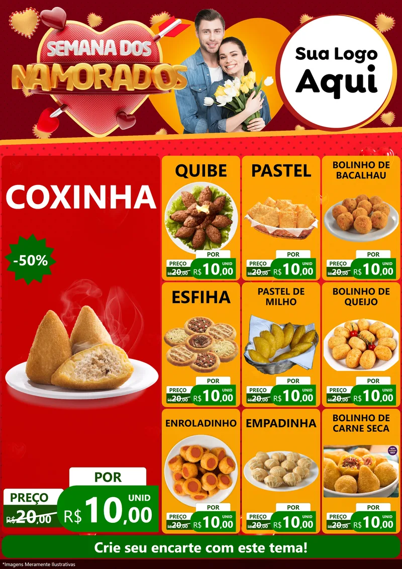 Modelo de Encarte para Encarte A4 Vertical com o tema Semana dos Namorados para Salgadaria