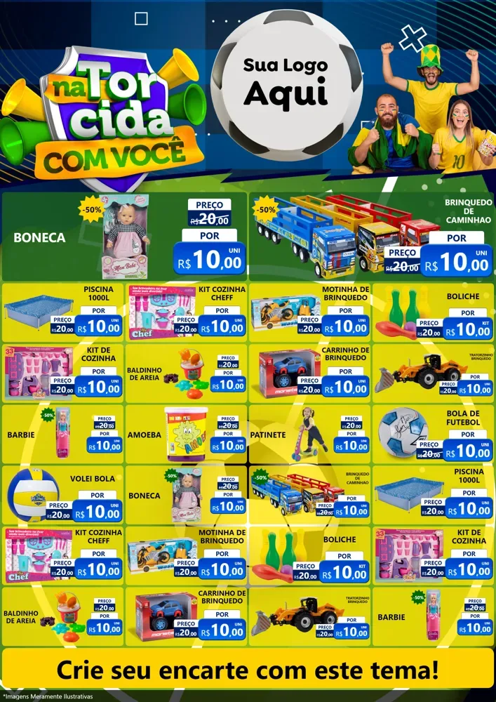 Modelo de Encarte para Encarte A4 Vertical com o tema Na Torcida Com Você - Copa para Brinquedos