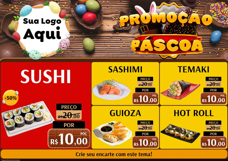 Modelo de Encarte para Encarte A4 Horizontal com o tema Promoção Páscoa para Comida japonesa