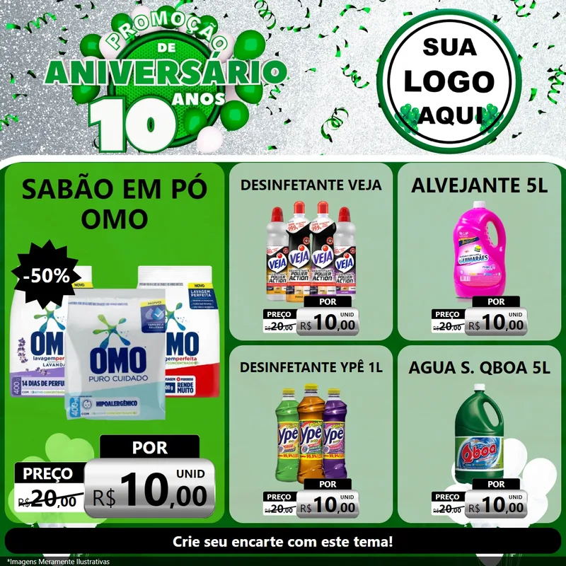 Modelo de Rede Social para Feed Facebook com o tema Promoção de Aniversário - 10 Anos para Produtos de Limpeza