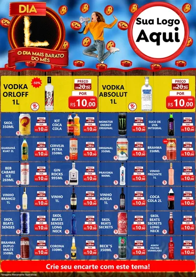 Modelo de Encarte para Encarte A4 Vertical com o tema Dia L - O Dia Mais Barato Do Mês para Distribuidora de bebidas