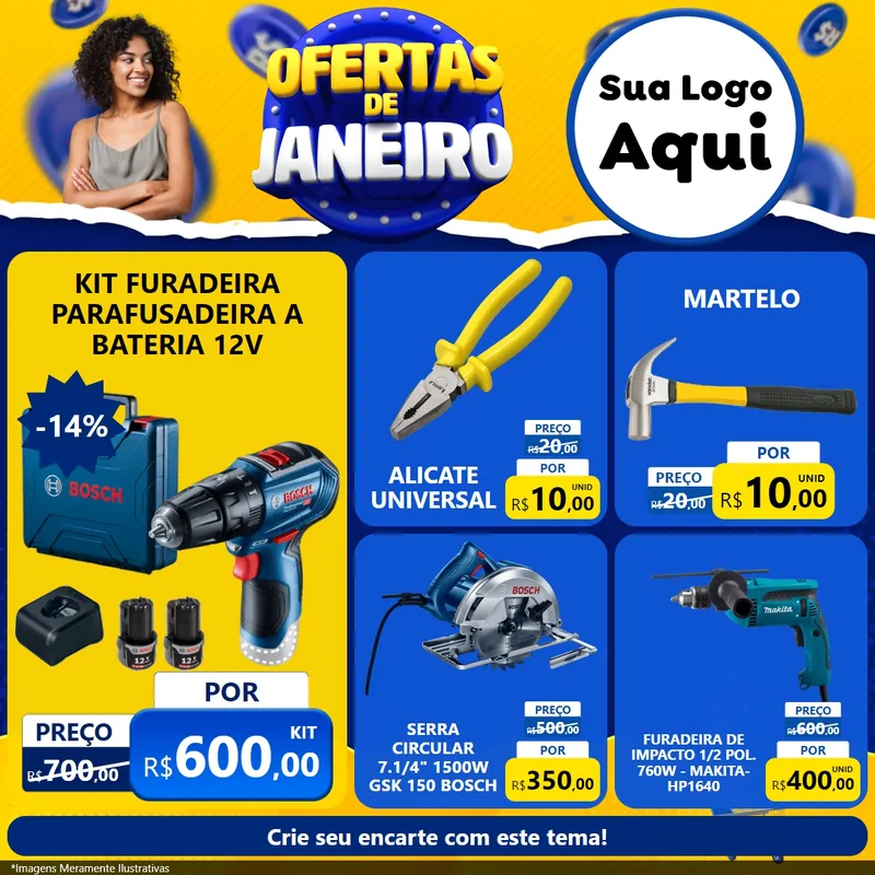 Modelo de Rede Social para Feed Facebook com o tema Ofertas de Janeiro para Maquinas e Ferramentas