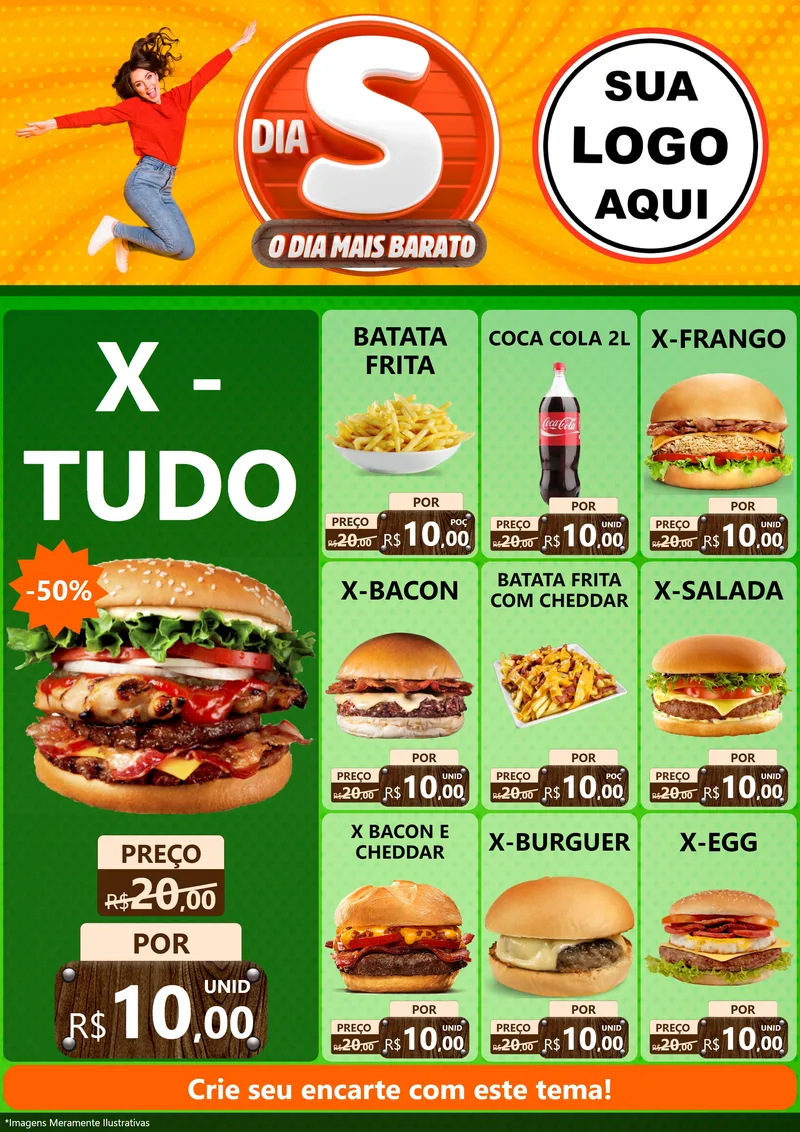Modelo de Encarte para Encarte A4 Vertical com o tema Dia S - O Dia Mais Barato para Hamburgueria