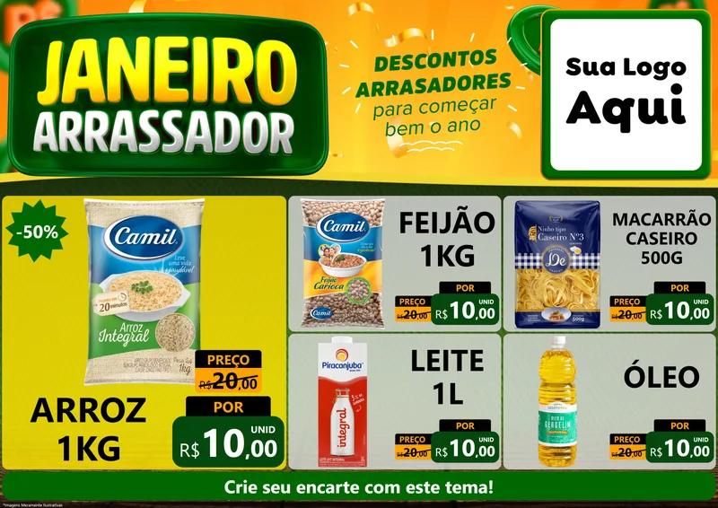 Modelo de Encarte para Encarte A4 Horizontal com o tema Janeiro Arrasador para Supermercado