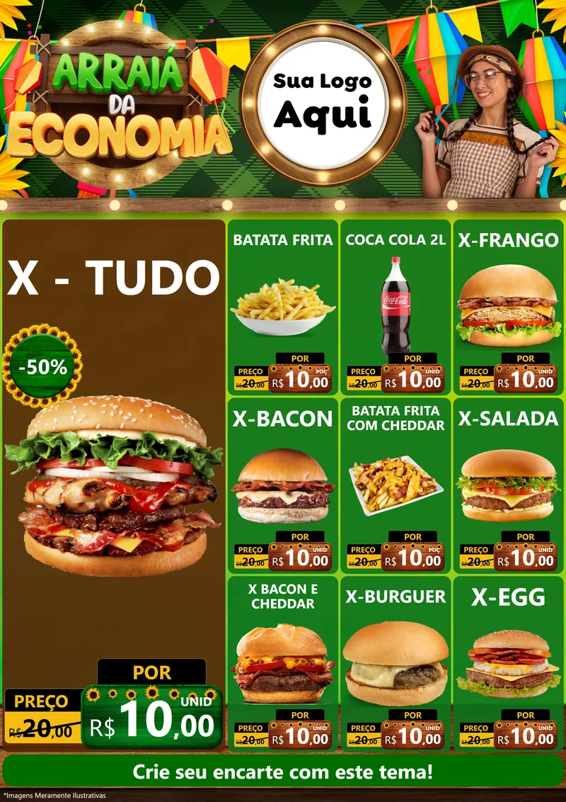 Modelo de Encarte para Encarte A4 Vertical com o tema Arraiá de Economia para Hamburgueria